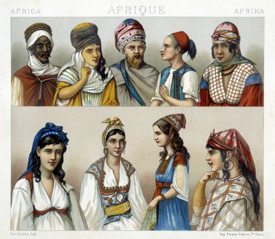 Costumi e copricapi tradizionali di uomini e donne in Algeria. Illustrazione in "Le costume historique" di Racinet da Albert Charles August Racinet