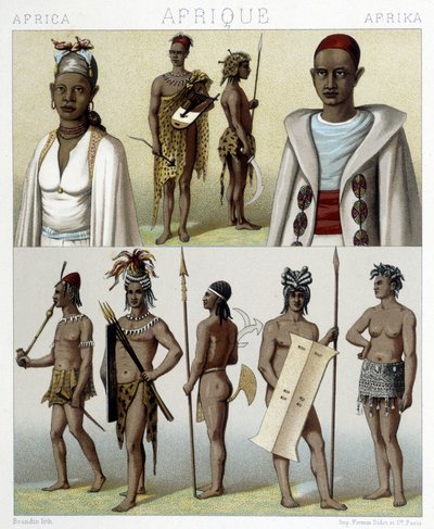 Costumi e gioielli tradizionali di Timbuktu e Alto Nilo. Illustrazione in “Le costume historique” di Racinet da Albert Charles August Racinet