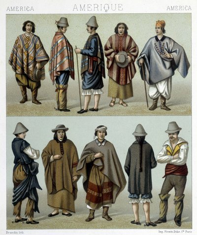 Costumi tradizionali del Cile. Illustrazione in “Il costume storico” di Racinet da Albert Charles August Racinet
