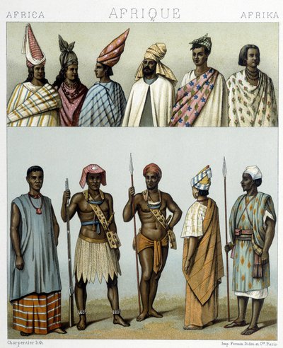 Costumi tradizionali del Senegal. Illustrazione in "Il costume storico" di Racinet da Albert Charles August Racinet