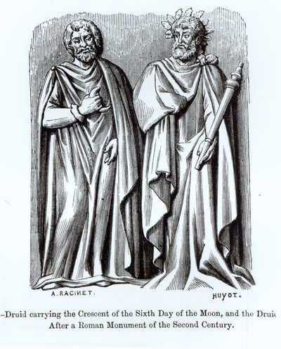 Due druidi, uno porta la mezzaluna del sesto giorno della luna, dopo un monumento romano del secondo secolo, illustrazione da Scienza e Letteratura nel Medioevo e nel Rinascimento, scritto da Paul Lacroix da Albert Charles August Racinet