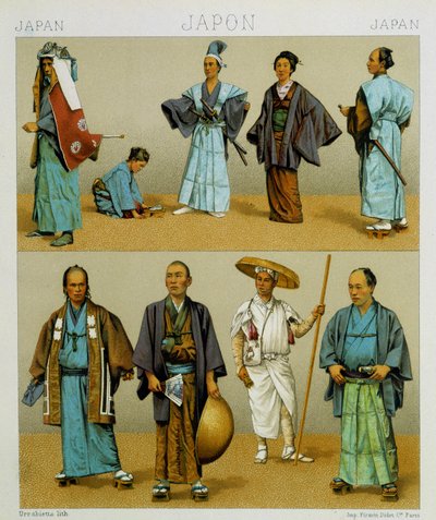 Vari costumi tradizionali giapponesi maschili, incluso il kimono. Tavola cromolitografica - in "Il costume storico" di Racinet da Albert Charles August Racinet