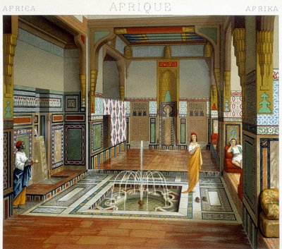 Donna e la sua serva accanto a una fontana in una casa al Cairo (Egitto). Tavola cromolitografica - in “Le costume historique” di Racinet da Albert Charles August Racinet
