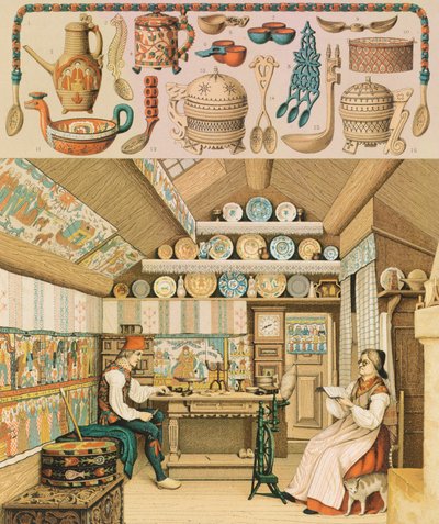 Casa di legno in Svezia, illustrazione da Le Costume Historique di Auguste Racinet da Albert Charles August Racinet