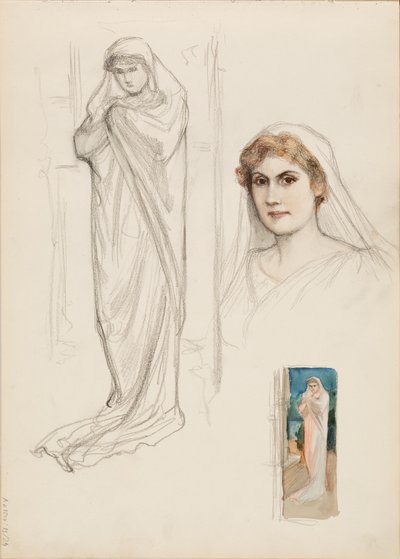Aino Ackté come Alcestis, bozzetto del volto e due bozzetti del corpo intero da Albert Edelfelt