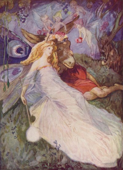 Shakespeare: Bottom e la Regina delle Fate, Sogno di una notte di mezza estate, Atto IV, Scena I (litografia a colori) da Albert Edward Jackson