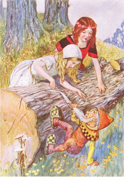 Molto attentamente tagliò la morbida barba bianca (dalla storia Biancaneve e Rosarossa), illustrazione da A Staircase of Stories pubblicato da Thomas Nelson & Sons Ltd anni 