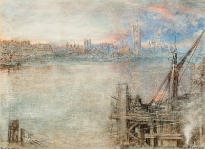 Westminster con il Palazzo del Parlamento al tramonto (penna e inchiostro nero e acquerello con graffi su carta) da Albert Goodwin