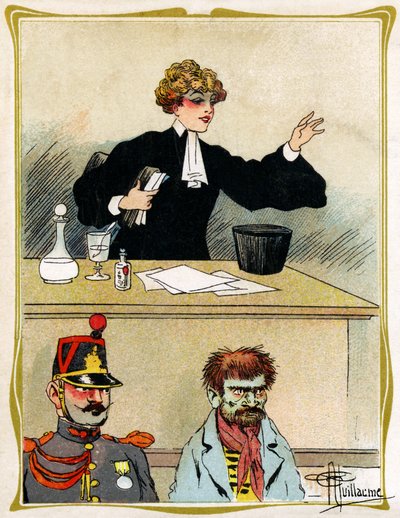 Una donna avvocato con un bel viso, difende il suo cliente con pazienza. Pubblicità, incisione 1902-1903 da Albert Guillaume