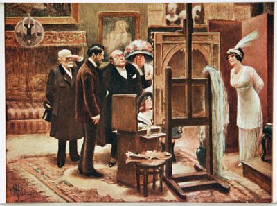 Arte. Belle Arti. Pittore che mostra la sua creazione. Cartolina di Alfred Guillaume, Francia, c.1920 da Albert Guillaume