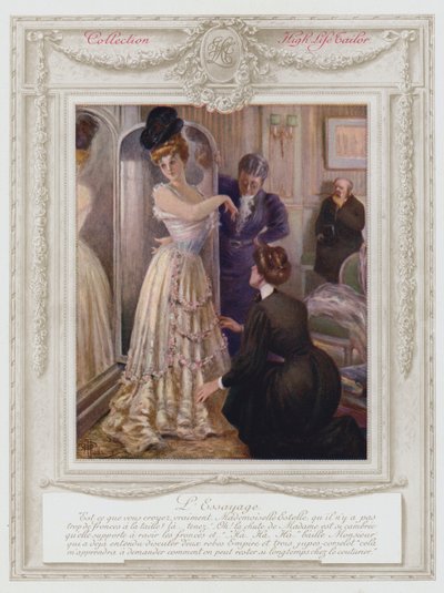 Belle Époque Parigi, signora alla moda che prova un vestito da Albert Guillaume