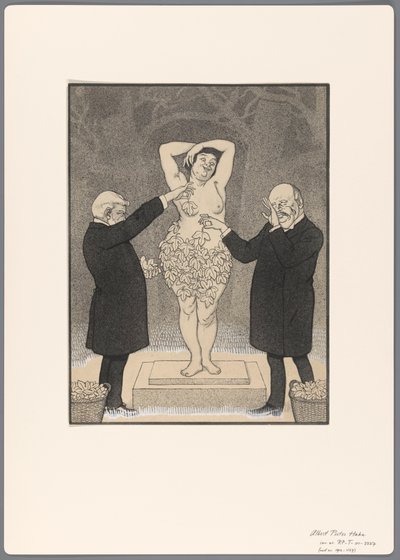 Bozzetto per una caricatura politica: due uomini coprono una donna nuda in piedi con foglie di fico da Albert Hahn (I)