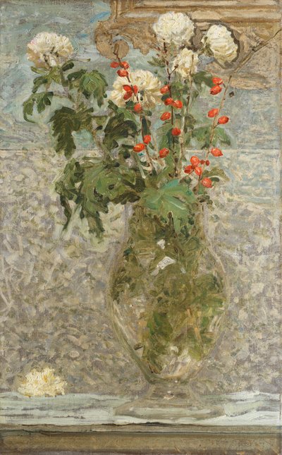 Crisantemi bianchi e bacche rosse da Albert Joseph Moore