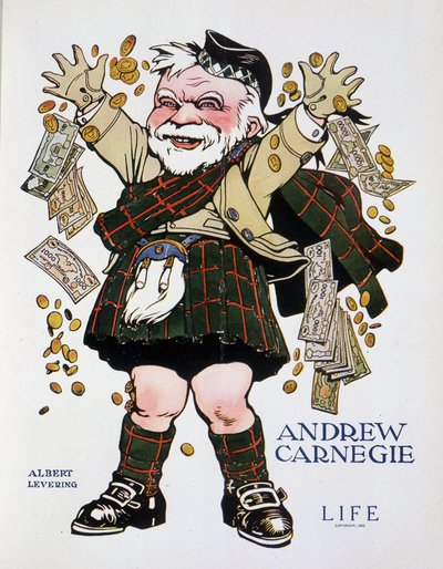 Caricatura di Andrew Carnegie in abito scozzese e che lancia denaro - di Albert Levering (1869-1929), in "Life" del 13/04/1905 da Albert Levering