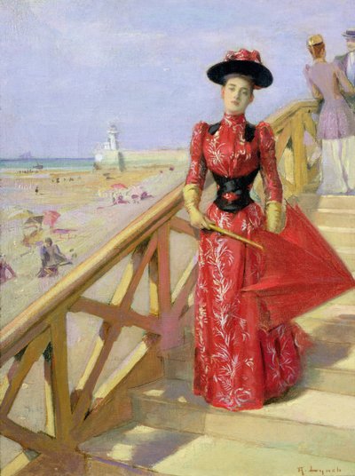 Donna che scende le scale verso una spiaggia da Albert Lynch
