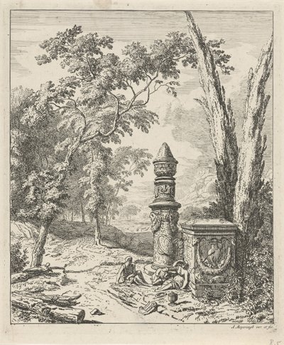 Paesaggio con figure riposanti presso un monumento funebre da Albert Meyering