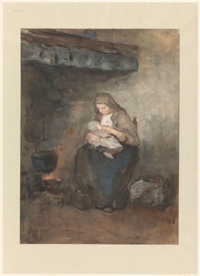 Madre allatta il suo bambino vicino al camino da Albert  Neuhuys