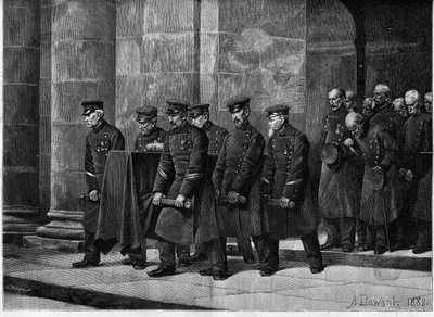 Il funerale di una persona disabile. Soldati francesi che trasportano la bara di un soldato durante il suo funerale nella Chiesa dei Soldati (Saint Louis des Invalides) a Parigi. Incisione dal dipinto di Albert Pierre Dawant (1852-1923) in "The Illustrous  da Albert Pierre Dawant