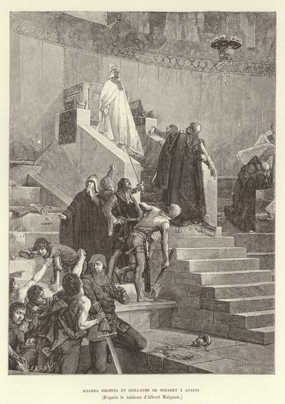 Sciarra Colonna e Guillaume de Nogaret ad Anagni. Sciarra Colonna e Guillaume de Nogaret che affrontano Papa Bonifacio VIII ad Anagni, Italia da Albert Pierre Rene Maignan