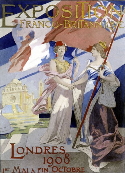 Due donne, simbolo di Francia e Inghilterra, si stringono la mano. Poster di Albert Maignan (1908) per l
