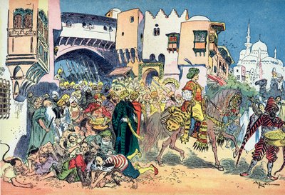 Aladino cavalca per le strade della città e lancia denaro intorno a sé Illustrazione di Albert Robida (1848-1926) per il racconto 