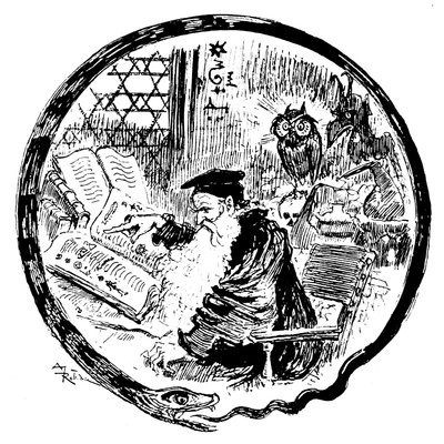 Alchimista che consulta i suoi grimori (formule magiche - cabalistiche) sotto gli occhi di un gufo e di un demone - la cornice dell