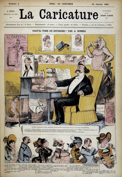 Alexandre Dumas in Specialista del Divorzio di Albert Robida (1848-1926), copertina "La Caricatura" 24/02/1880 da Albert Robida