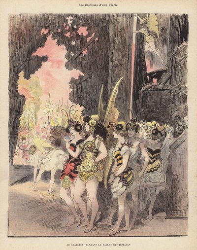 Dietro le quinte durante una produzione del Ballet des Insectes al Theatre du Chatelet, Parigi da Albert Robida