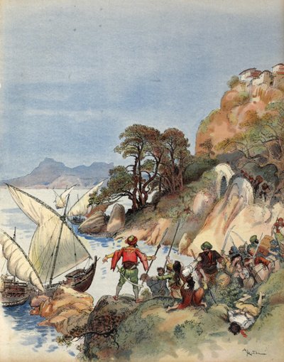 Pirati barbareschi terrorizzano la costa del Mediterraneo, rapendo gli abitanti per venderli come schiavi, illustrazione da 