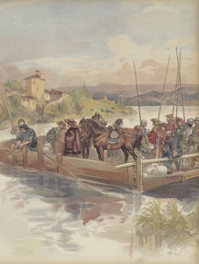 Bourbon fuggendo, quasi riconosciuto dai soldati, al passaggio di un traghetto da Albert Robida