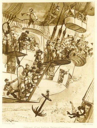Partenza di un pallone transatlantico, da Le Vingtieme Siecle, pub. 1883 da Albert Robida