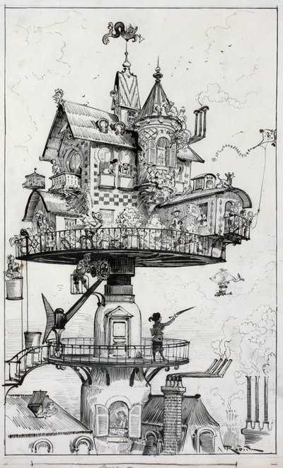 Disegno mostra una struttura abitativa elevata sopra i tetti e progettata per ruotare e adattarsi in varie direzioni, disegno di Albert Robida c. 1883 da Albert Robida