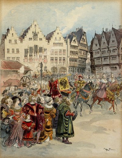 Elezione di Carlo V (1500-1558) come imperatore di Germania il 28 giugno 1519. Il corteo dei sette elettori attraversa le strade di Francoforte (Germania). Illustrazione da Albert Robida