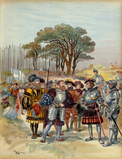 Quinta guerra italiana (1515-1516): al campo ritirato dalla Bicocca davanti a Milano (Italia), nel 1516, gli svizzeri chiedevano paga, congedo o battaglia, Odet de Foix, Visconte di Lautrec, maresciallo di Francia (1485-1528) non poteva pagarli. Illustrazi da Albert Robida