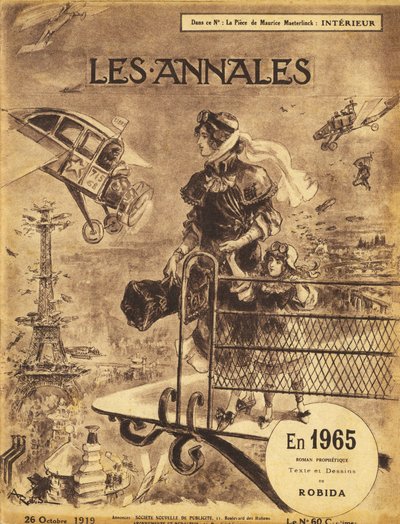 Prima pubblicazione del romanzo di anticipazione profetica “En 1965” di Albert Robida (1848-1926) nel 1919 nella rivista “Annales Politiques et Litteraires” - Parigi soffre di congestione del traffico... nel cielo! Auto-volanti e taxi aerei da Albert Robida