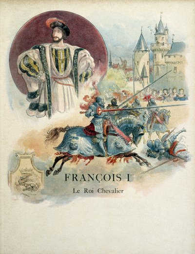 Francesco I (1494-1547), ritratto del Re di Francia e scena di torneo. Illustrazione di Albert Robida (1848-1926) da Albert Robida