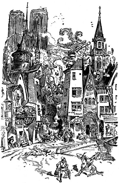 Il gigante Gargantua cammina per Parigi, seminando panico e distruzione sul suo cammino. Impara a sputare sulla Cattedrale di Notre Dame de Paris, le cui torri sullo sfondo si distinguono. Con questo sputo, più di 3000 parigini saranno annegati! Illustrazi da Albert Robida