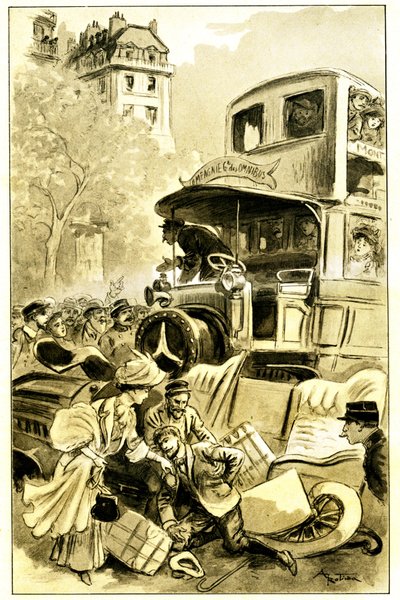 Illustrazione di Albert Robida (1848-1926) per il libro di Leon Berthault “Le record du tour du monde”, edizione Mame inizio XX secolo (1911) - un incidente stradale a Parigi intorno al 1900: auto colpita da un omnibus. Il conducente è ferito da Albert Robida