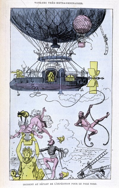 Incidente alla partenza della spedizione al Polo Nord (aerostato e scene bizzarre), parodia di Jules Verne, "Viaggi straordinari di Saturnin Farandoul in 5 o 6 parti del mondo e in tutti i paesi conosciuti o sconosciuti a Mr. Jules Verne" da Albert Robida