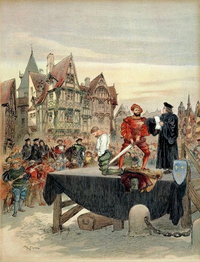 Jean de Poitiers, signore di Saint Vallier (ca. 1475-1539), capitano delle guardie di Carlo di Borbone (1489-1537) graziato sul patibolo nel 1524. Illustrazione da Albert Robida