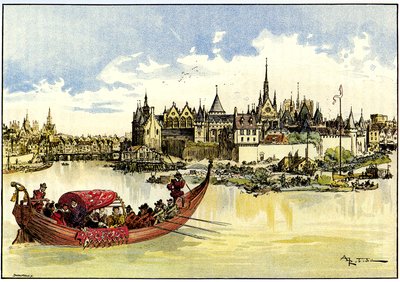 Re Enrico III in una barca che posa la prima pietra del Pont Neuf sulla Senna a Parigi, 31 maggio da Albert Robida