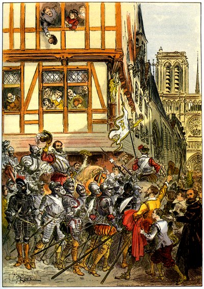 Re Enrico IV di Francia acclamato dalla folla al suo arrivo a Notre-Dame dopo la resa di Parigi il 22 marzo da Albert Robida