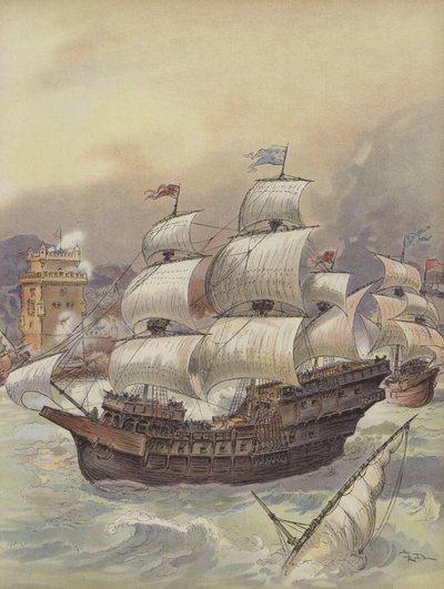 La flotta di Jean Ango blocca il Tago e minaccia Lisbona da Albert Robida