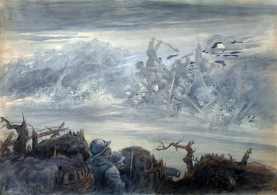 Le combat des ombres: poilus dans une tranchee immaginare un assalto di soldati fantasma da Albert Robida
