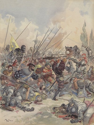 Le roi a Pavie, tombe de cheval, blesse, lutte contre la nuee d