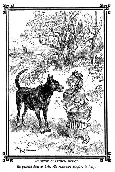 Cappuccetto Rosso, con la sua torta e il barattolo di burro, incontra il Lupo. Disegno di Albert Robida (1848-1926) in un libro di letture per bambini 1920-1930 da Albert Robida