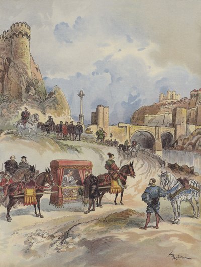 Margherita di Francia andando a visitare suo fratello, è ricevuta al Ponte di Toledo da Carlo V da Albert Robida