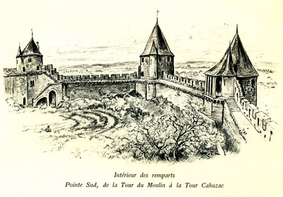 Città medievale di Carcassonne (Aude, Linguadoca, Paese Cataro) - Interno delle mura, punta sud, dalla torre del Mulino alla torre Cahuzac - posizione del Teatro all