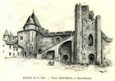 Città medievale di Carcassonne (Aude, Linguadoca, Paese Cataro) - Torri Saint Martin e Saint Nazaire con case costruite contro le mura - incisione romantica di Albert Robida (1848-1926) in un libro pubblicato all