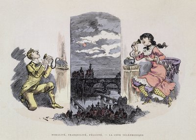 Moralità, tranquillità, beatitudine - La corte telefonica, caricatura di Robida, XIX secolo da Albert Robida